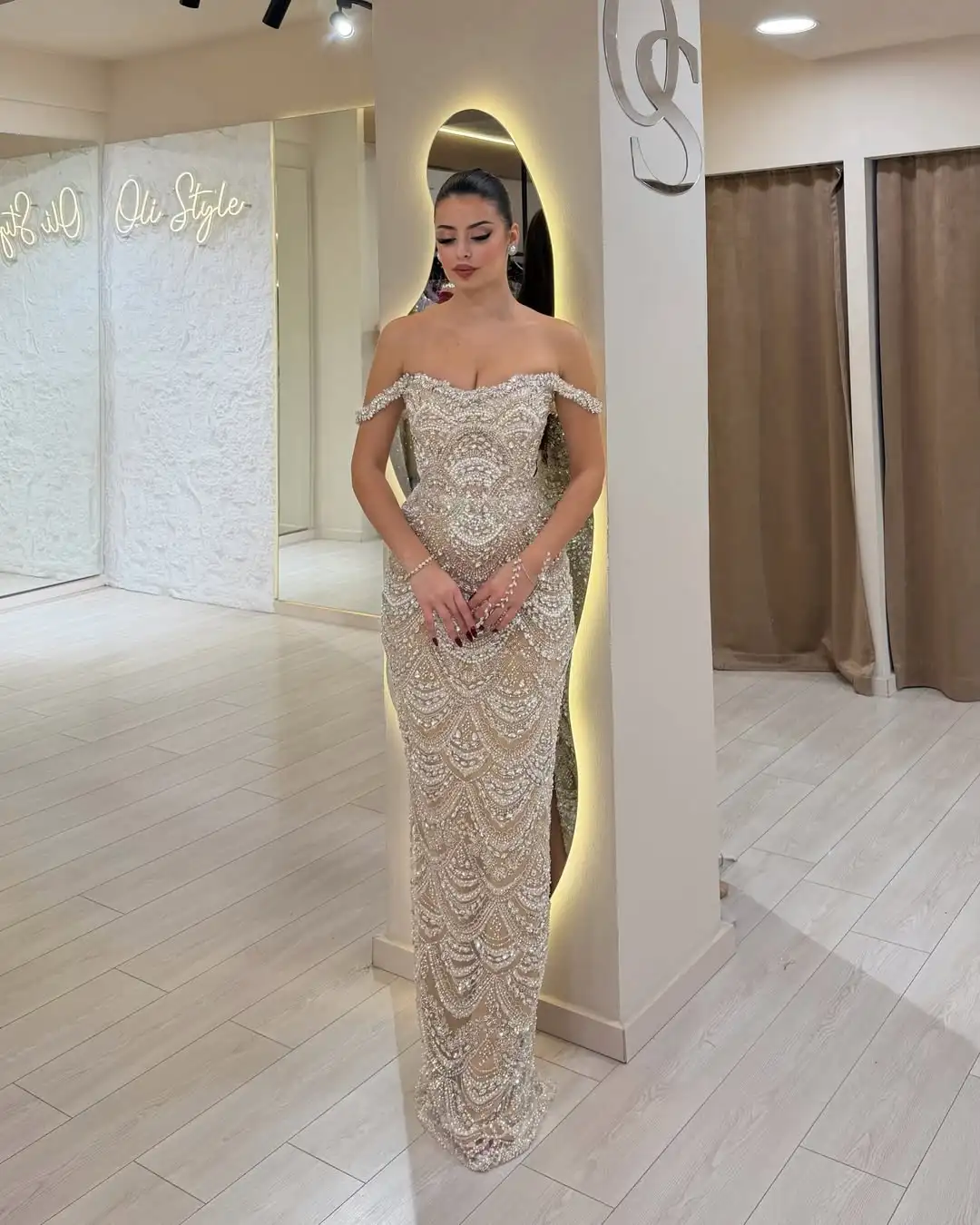 

Роскошное вечернее платье Ofherown цвета шампанского с пайетками, с открытыми плечами, блестящее, фасона «русалка», для женщин, на заказ