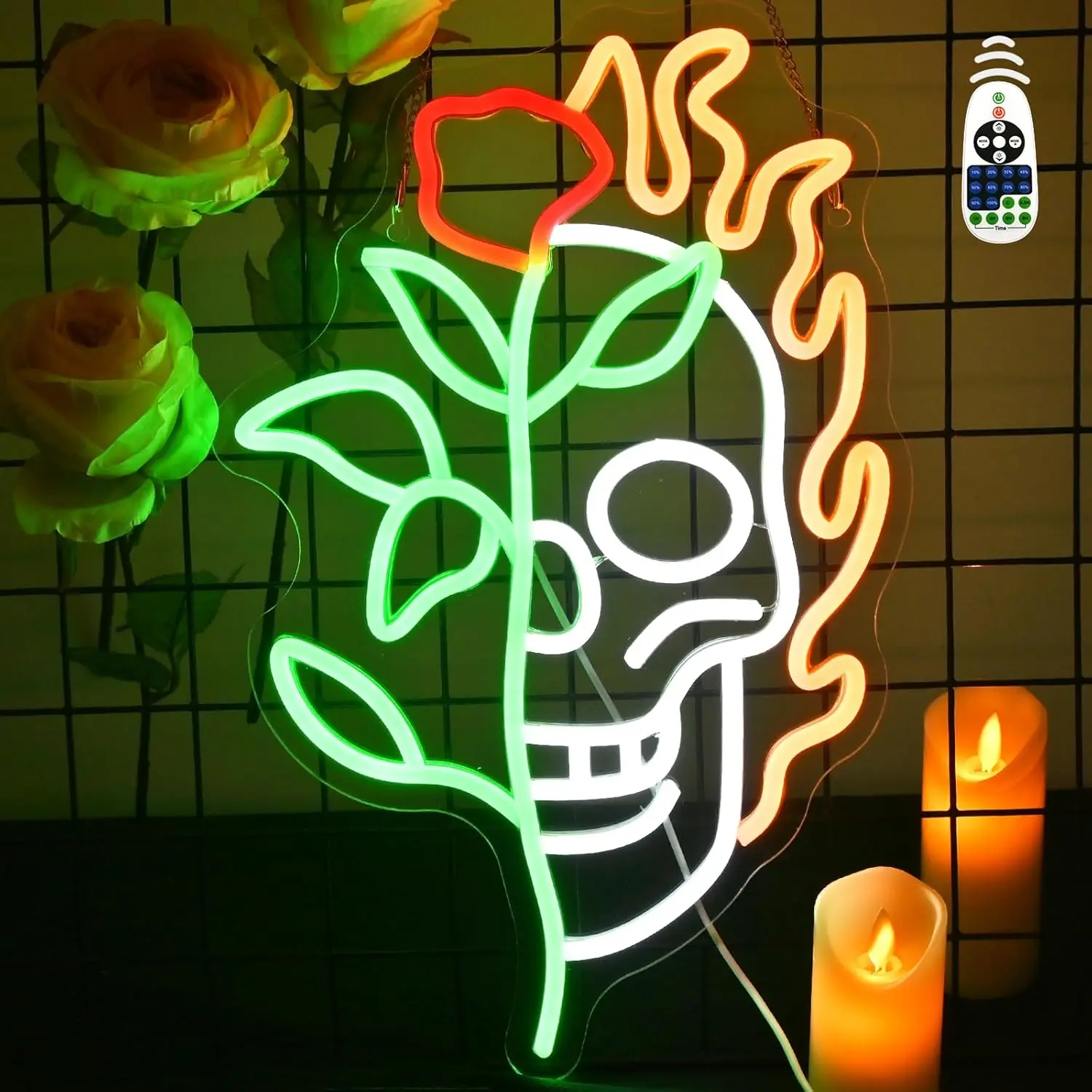 Skull Rose Neon Sign Halloween Skeleton Neon Light Wall Decor For Home Party Kids Room Living Room Dimmable USB Halloween Gifts