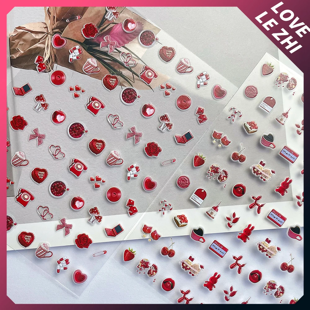 1Pcs New Year Red Press On Nails Stickers Kawaii Diy Rose Strawberries Cherry Self Adhesive Manicure Art Decorations Decals