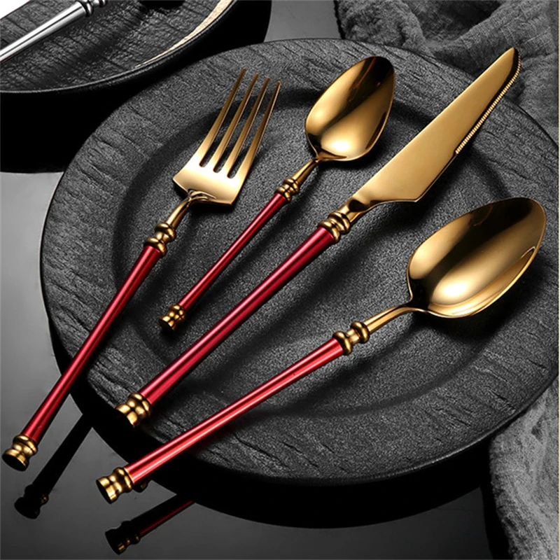 Bright Gold 304 Stainless Steel Luxury Cutlery Set Dinnerware Western Knife Spoon Fork Teaspoon Tableware Set Kitchen Utensil