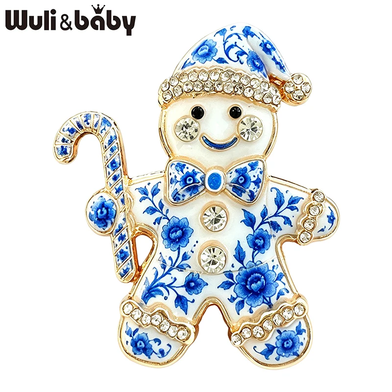 Wuli&baby Lovely Snowman Brooches For Women Unisex 2-color Rhinestone Holding Candy Cane Ginger Man Christmas Brooch Pins Gifts