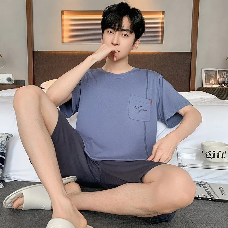 Plus Size Men Pajamas Summer Short Sleeve Shorts Modal Thin Teen Loungewear Easy Wash Solid Color Crew Neck Pullover T-Shirt Sh