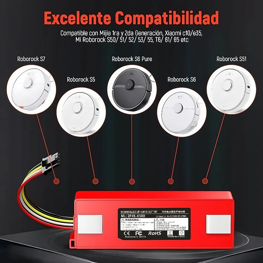 

6500mAh Battery for Xiaomi Roborock 1S Vacuum Robot SDJQR01RR Replacement BRR-2P4S-5200D Sweeping Mopping Cleaner