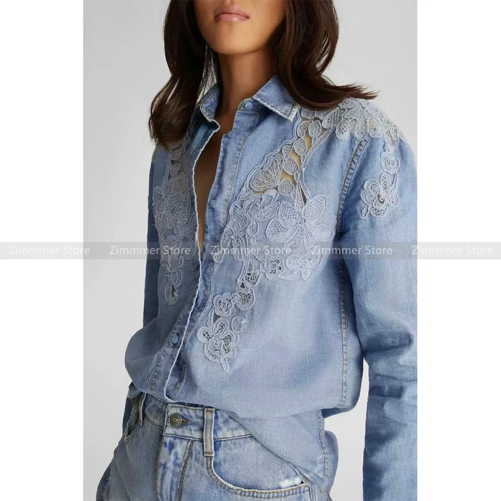 Fashion Women\'s 24 Early Autumn New Denim Blue Lace Splicing Washed Loose Long Sleeve Shirt Top Women