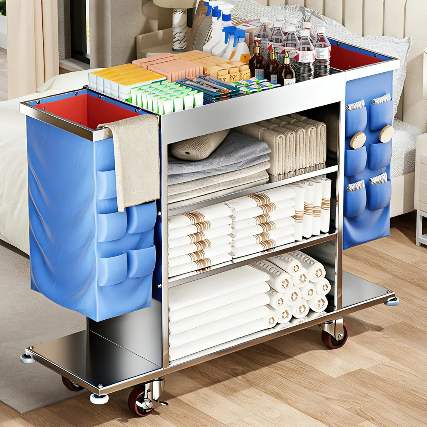 Hotel linen cart Stainless steel room special cleaning cart Multifunctional cleaning trolley