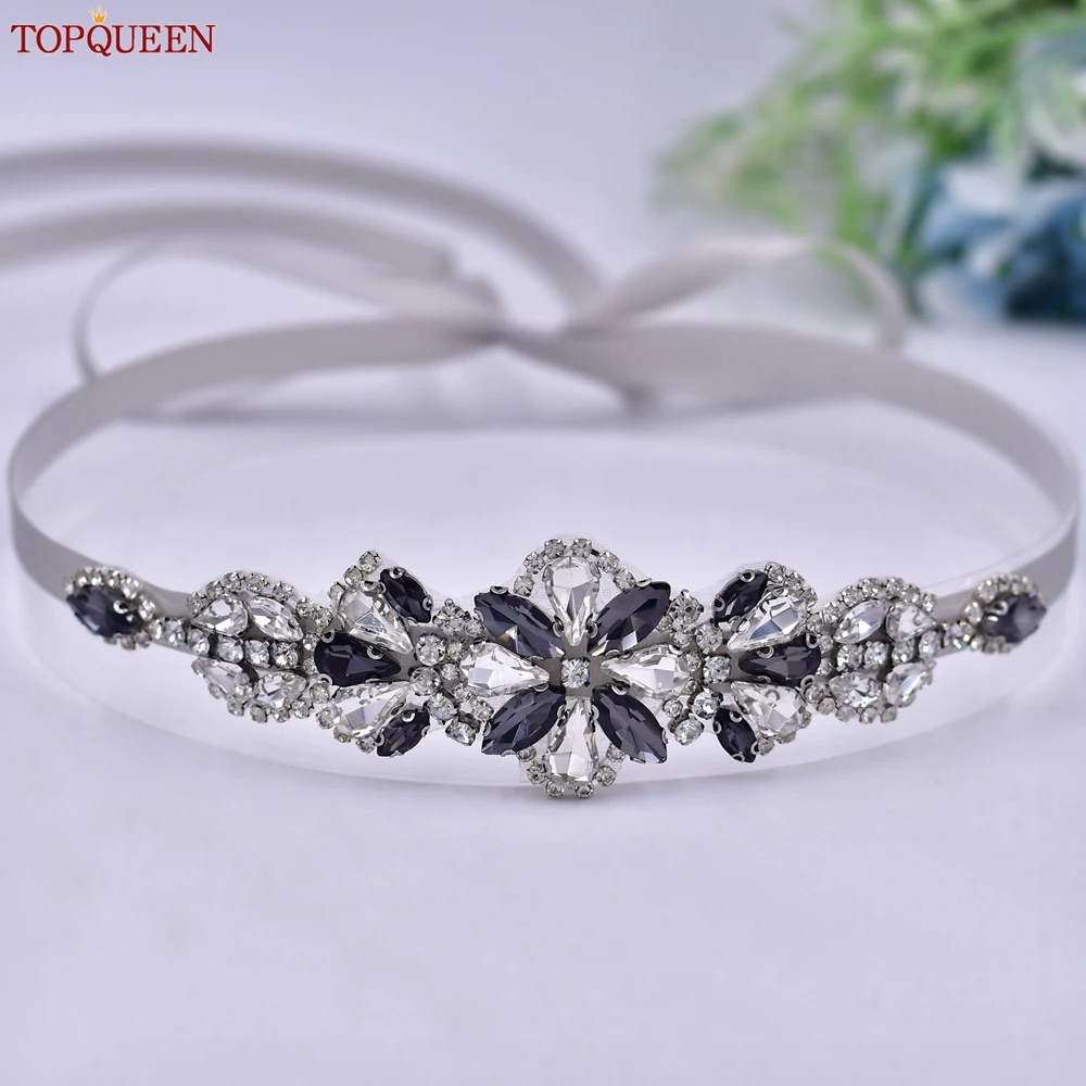 TOPQUEEN New Design Gray Rhinestone Belt Wedding Sash Handmade Patch Bridesmaid Belt Bridal Party Dress Belt S464-H