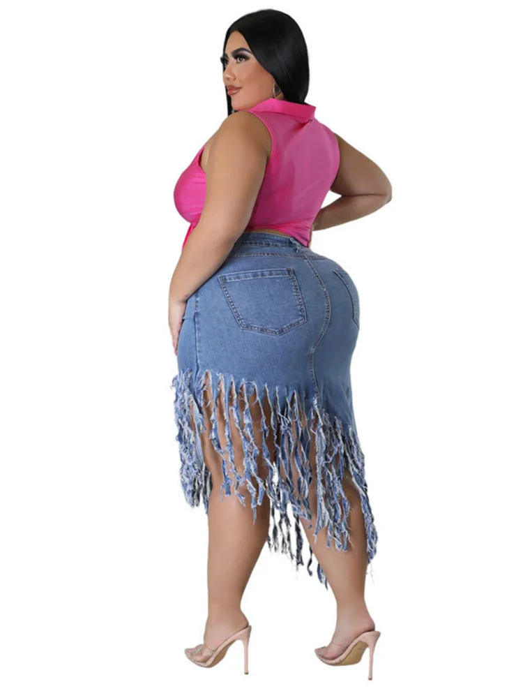 Wmstar-Jupe en denim avec pompon pour femme, vêtements sexy, grande taille, nouvelle collection, vente en gros, livraison directe, 2023