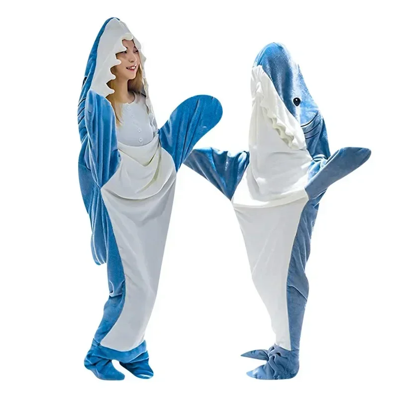 Cartoon Shark Jumpsuit One-piece Home Clothes Pajamas Flannel Shark Sleeping Bag Blankets Couple Clothing Parent-child Clothing