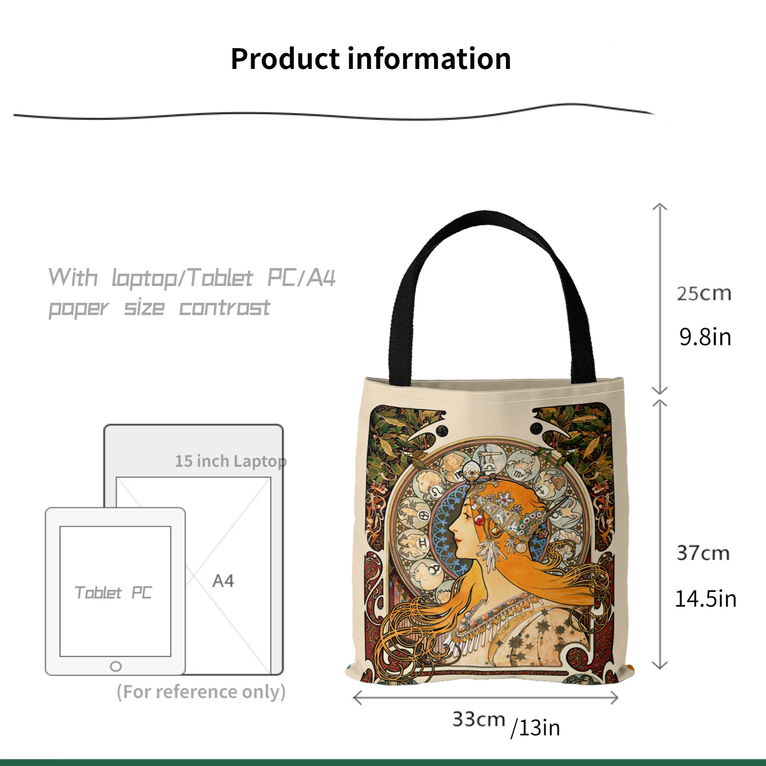 Mucha Series Digital Printed Canvas Bag Open Tote Bag Handbag Retro Canvas Shopping Bag