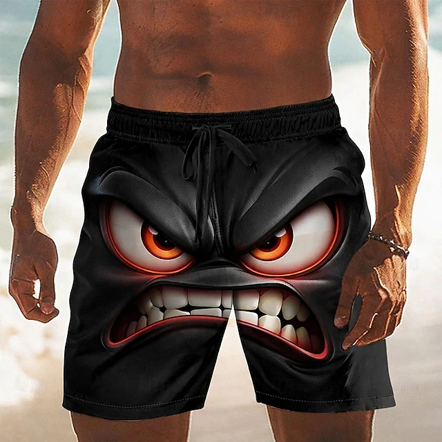 Lustige Badeshorts für Herren mit Cartoon-Gesichtsdruck, schnell trocknend, atmungsaktiv, Kordelzug, elastische Taille, Social-Media-Viral-Stil, Casaul Trunks