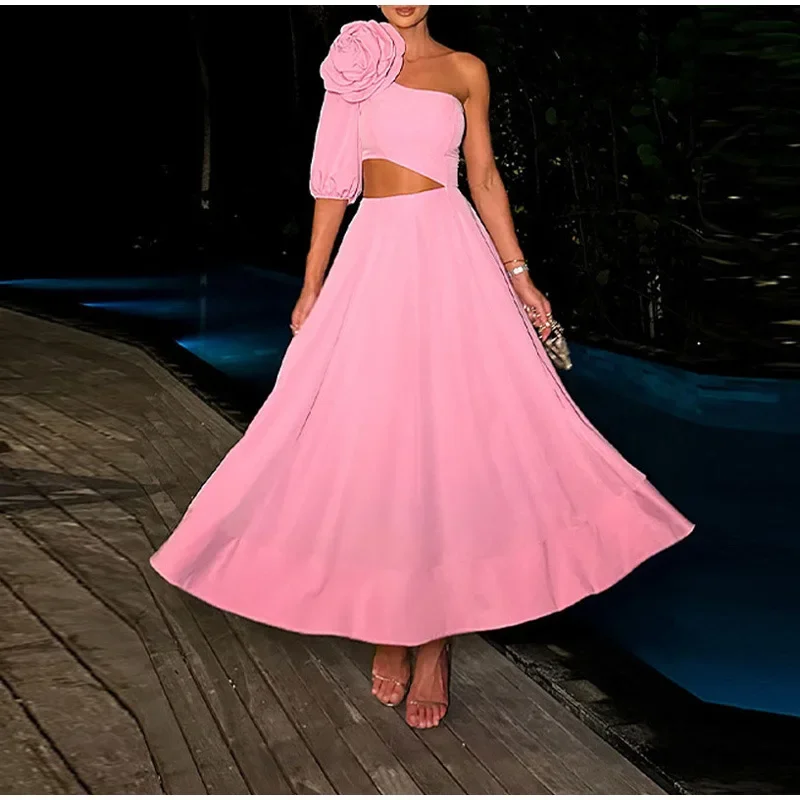 

Women Off Shoulder Dress 2024 Summer Elegant Sleeveless Floral 3d Neck Backless Long Evening Luxury Pink Desses Vestidos Longos