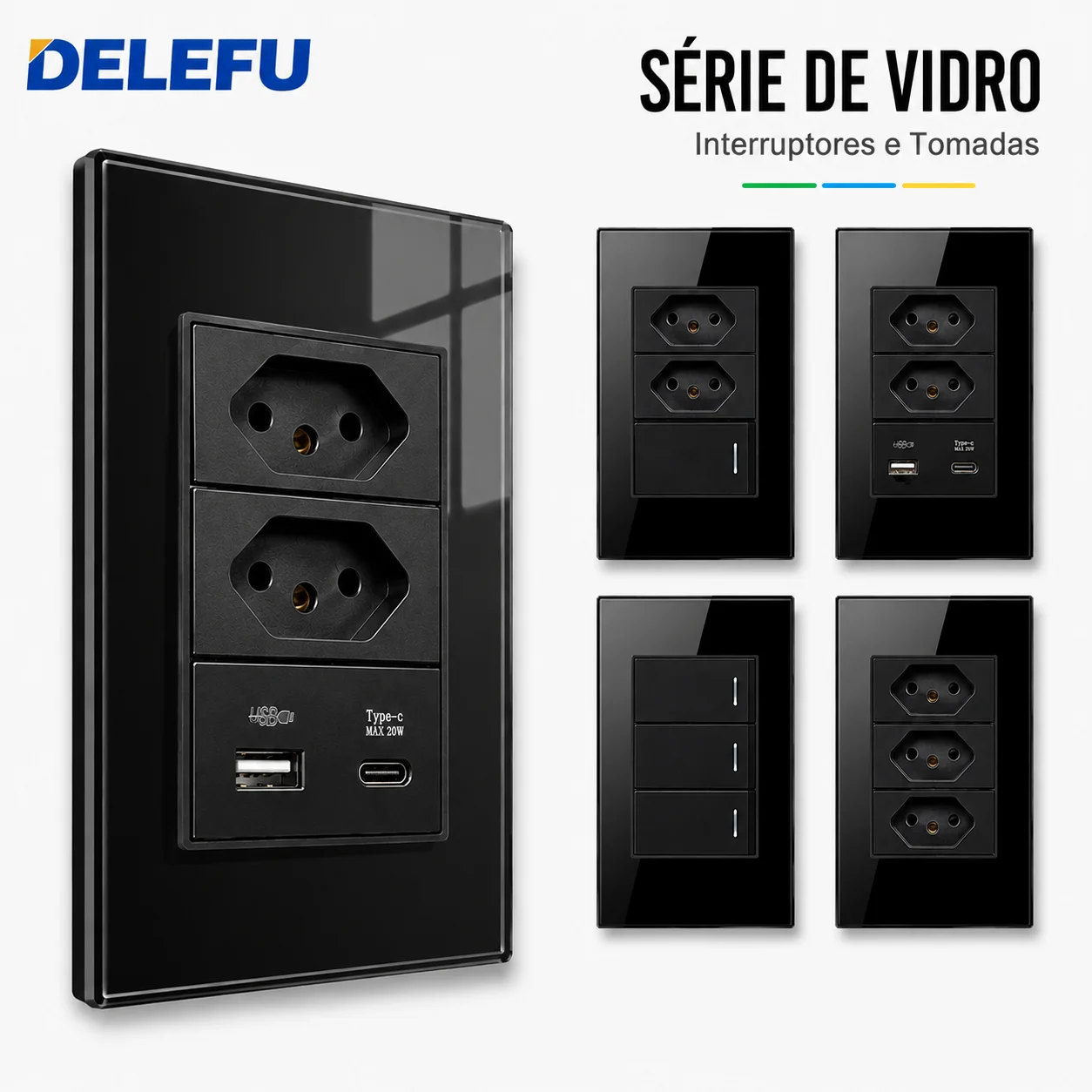 DELEFU 4*2 Preto Vidro Temperado Brasil Tomada Padrão Dual Usb Tipo C Tomada de Parede Interruptor Luz Suíça paralelos 10A 20A Carga rápida  20W satélite TV Cat5 Cat6 telefone
