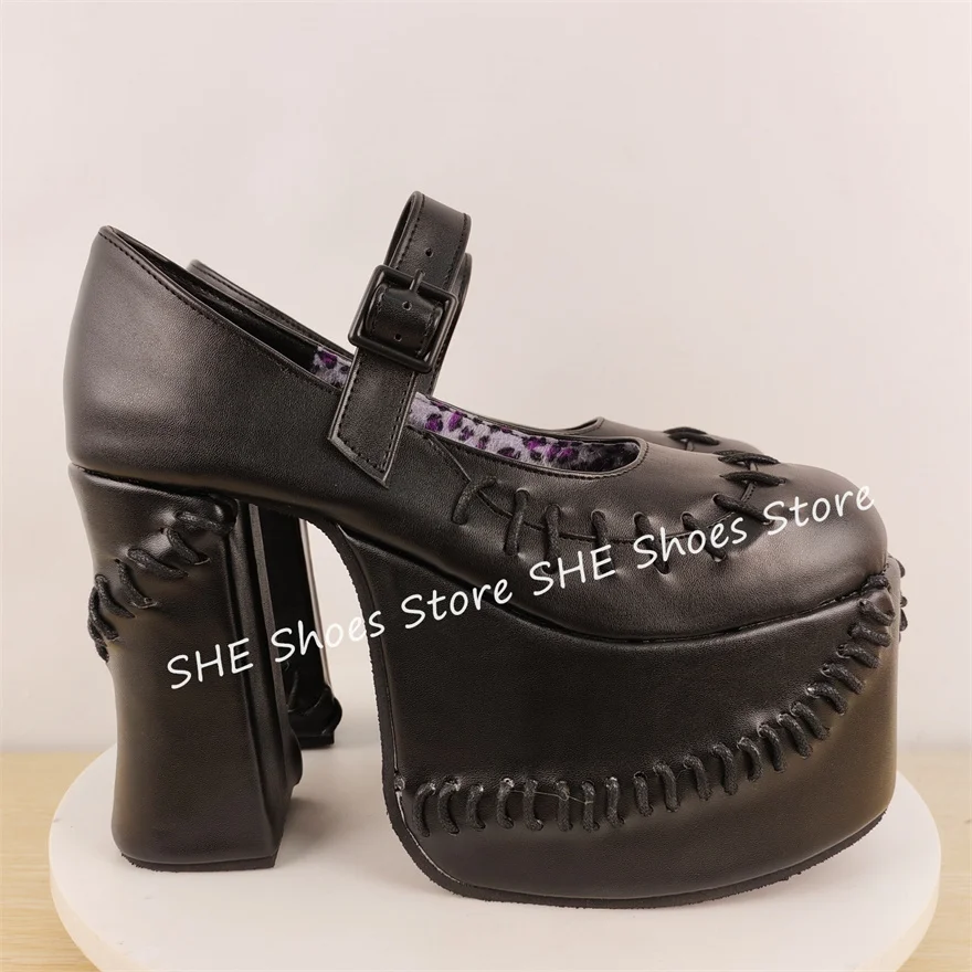

Black Gothic Sewing Decor Women Mary Janes Shoes Y2K Chunky Platform Square Heel Buckle Strap Pumps Lolita Girl Dress Shoes