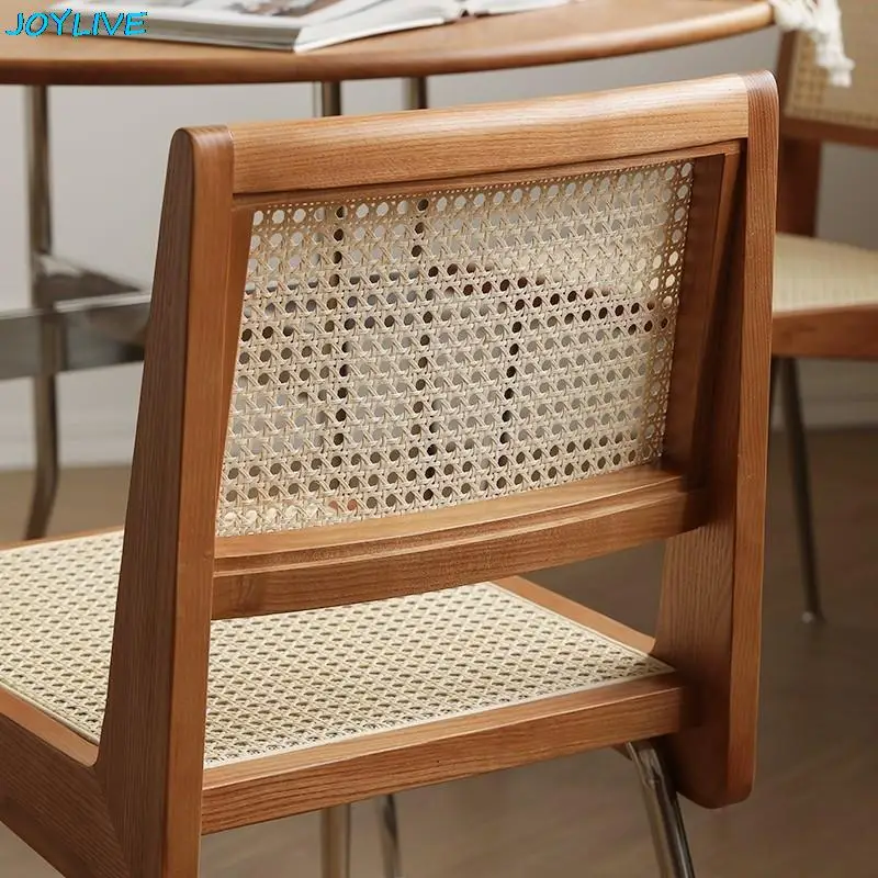 JOYLIVE-Silla de comedor de ratán para uso en el hogar, mueble sencillo de madera maciza, de acero inoxidable, estilo japonés, cálido