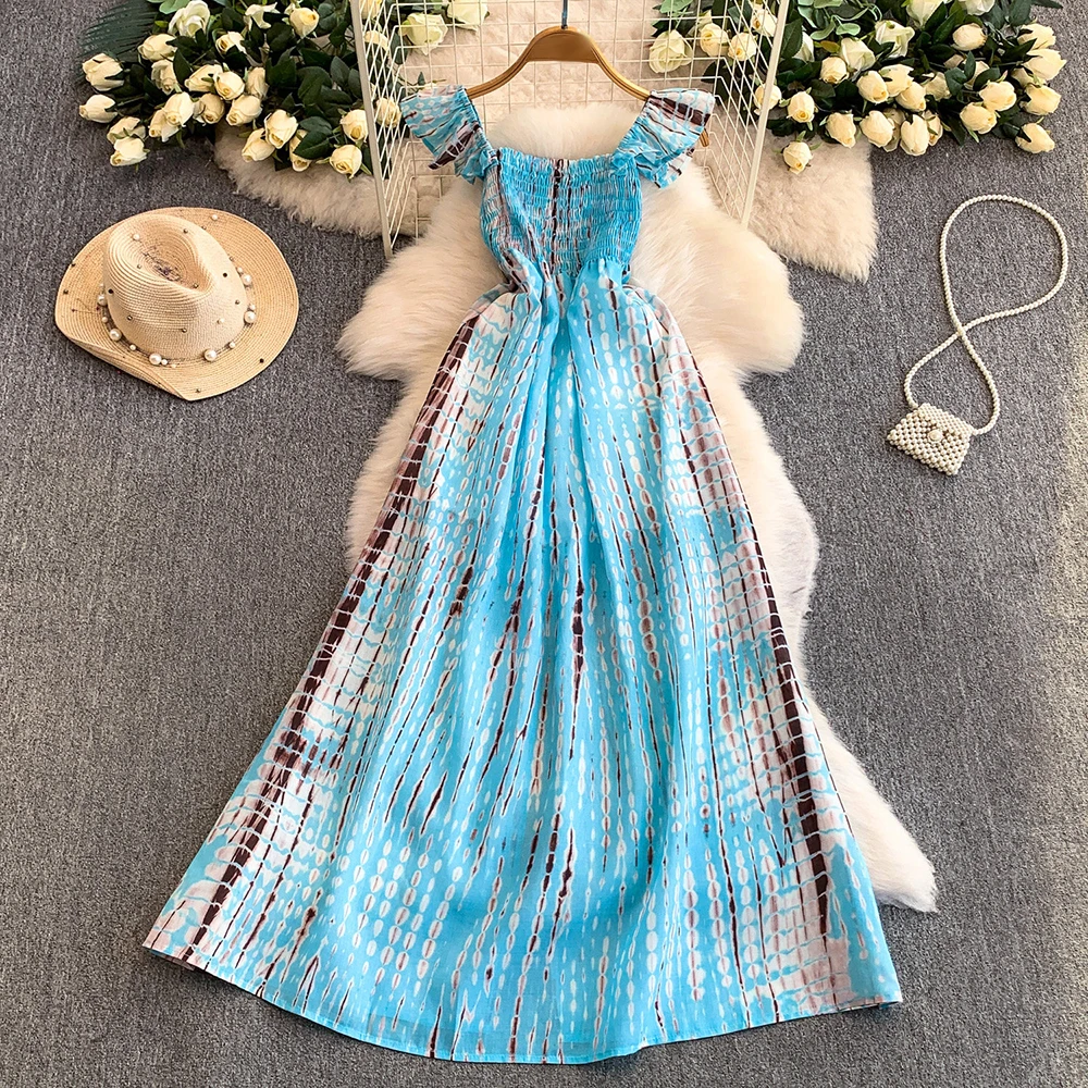 TWOTWINSTYLE Beach Style Slim Print Dresses For Women Square Collar Short Sleeve High Waist Sweet Long Dress Female KDR557724