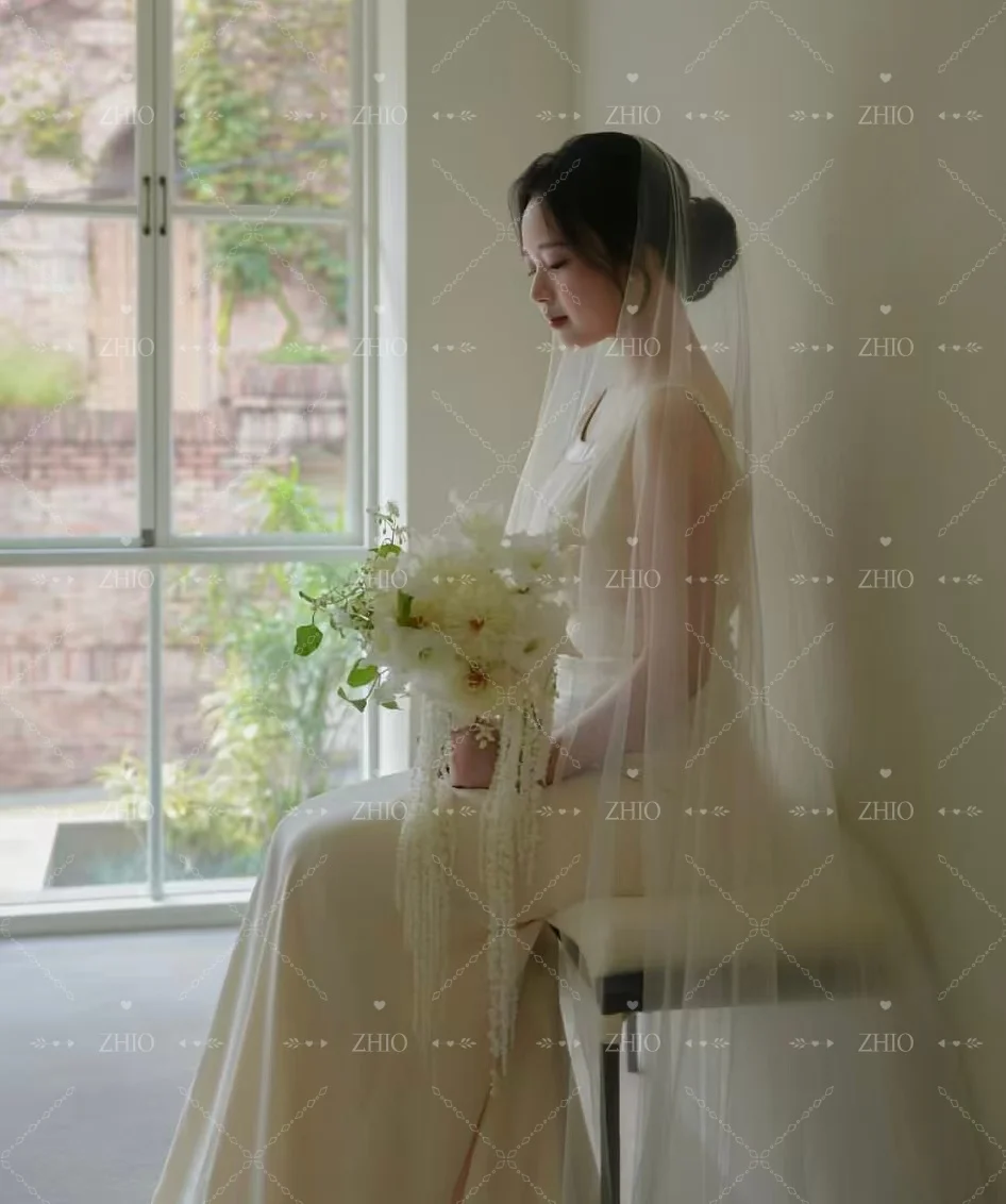 ZHIO Elegante abito da cerimonia nuziale Colletto rotondo Maniche lunghe fino al pavimento Raso avorio Corea Servizio fotografico Abito da sera Personalizzato nnegolare