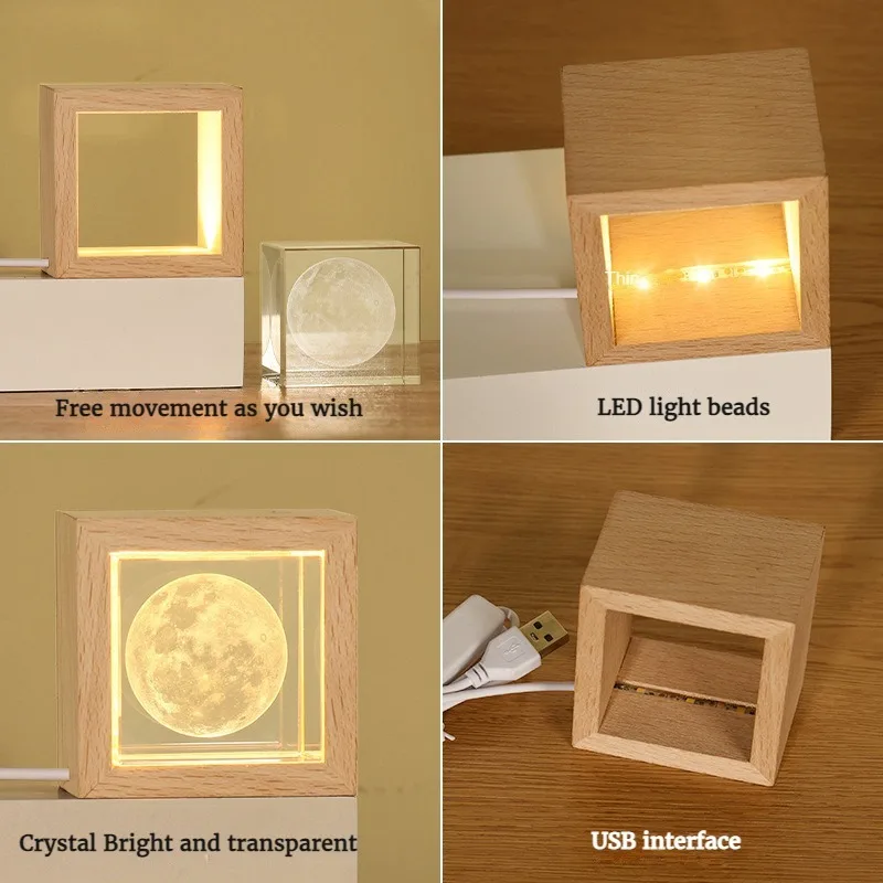 Creative Solar System Crystal Night Light Square Wood Carving Bedside Lamp Girlfriend Child Christmas Gift Bedroom Decoration