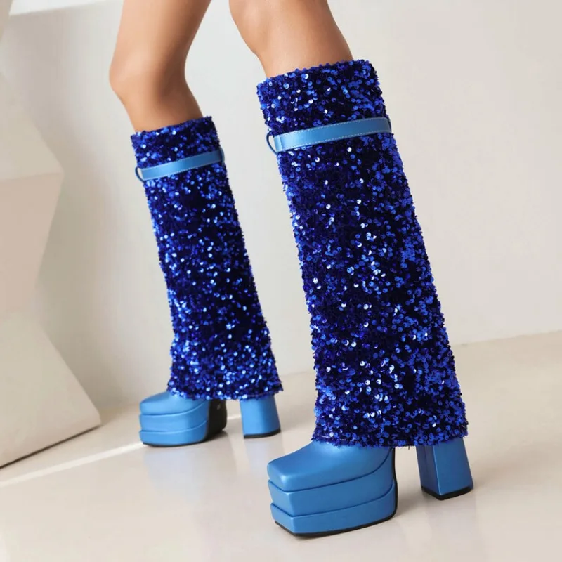 European and American Light Luxury Sequin Fabric Sexy Spicy Mom Fashion Boots Women's High Heel Thick Sole Color Sleeve Boots