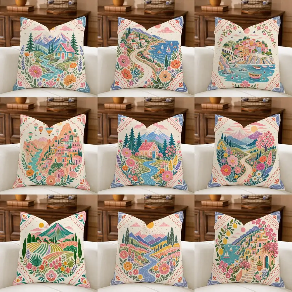 Nature Flowers Mountain Lake Colorful Cushion Cover Natural Breathable Durable Linen Printed Decor Pillow Case Sofa Bedroom