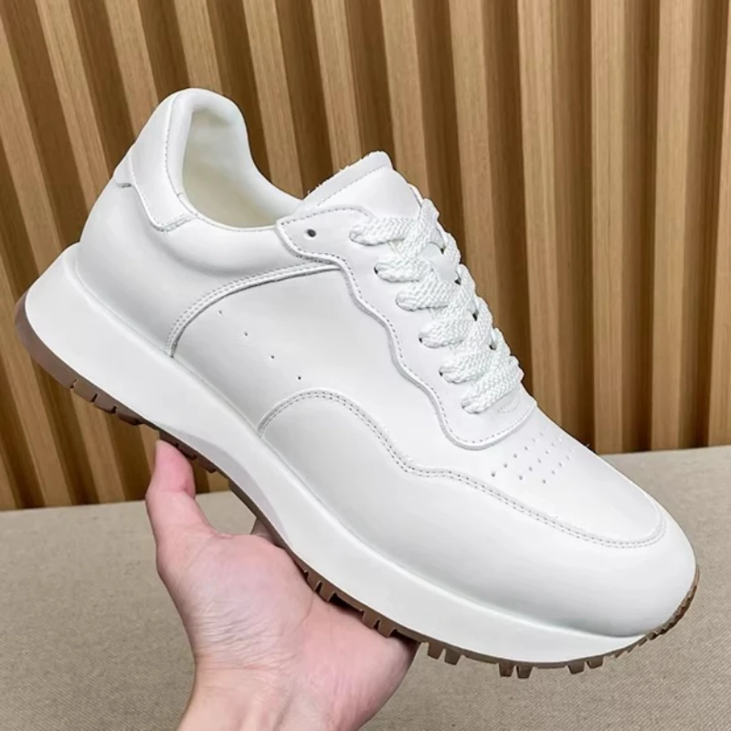 White Shoes for Men's Genuine Leather Casual Shoes Breathable and Comfortable Thick Soled Height Increasing Sports Daddy Shoes