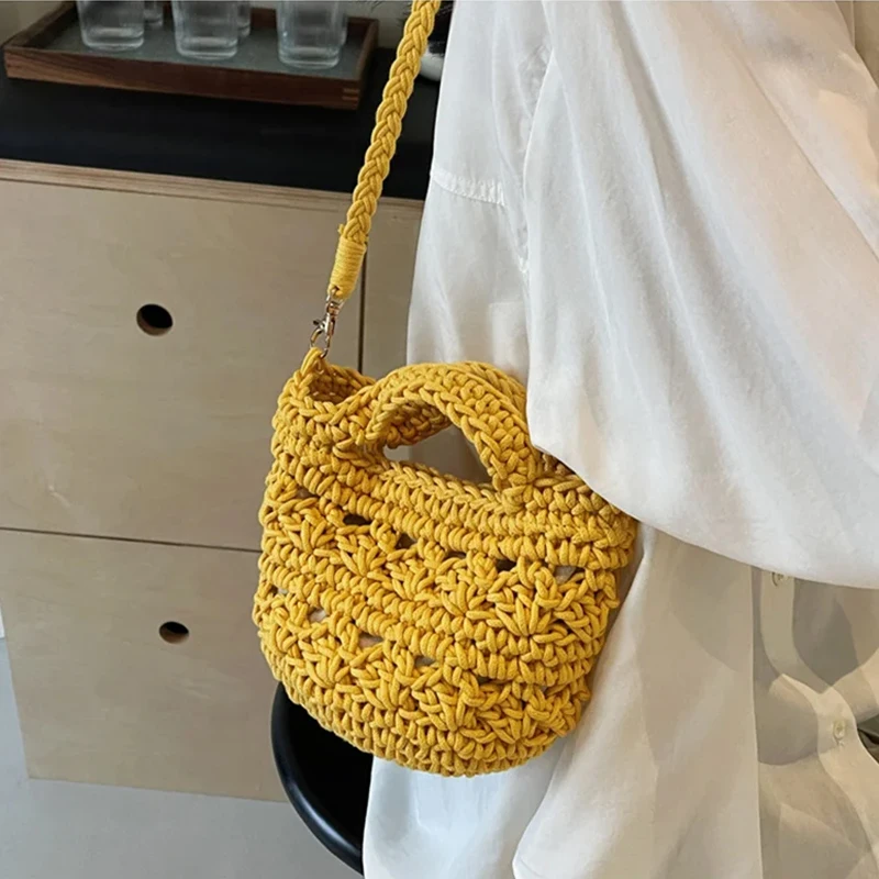 Korean Youth Women\'s Designer Bag Crochet Cross Shoulder Bag Soft Cotton Fabric Woven Aesthetic Fashion Casual Small Handbags