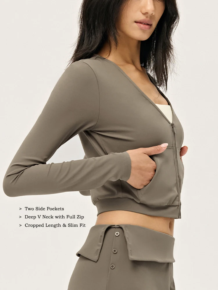 VITALINOVO Women's Workout Jacket Lightweight Zip Up Deep V Neck Yoga Jacket Cropped Athletic Slim Fit Tops Shirts with Pockets