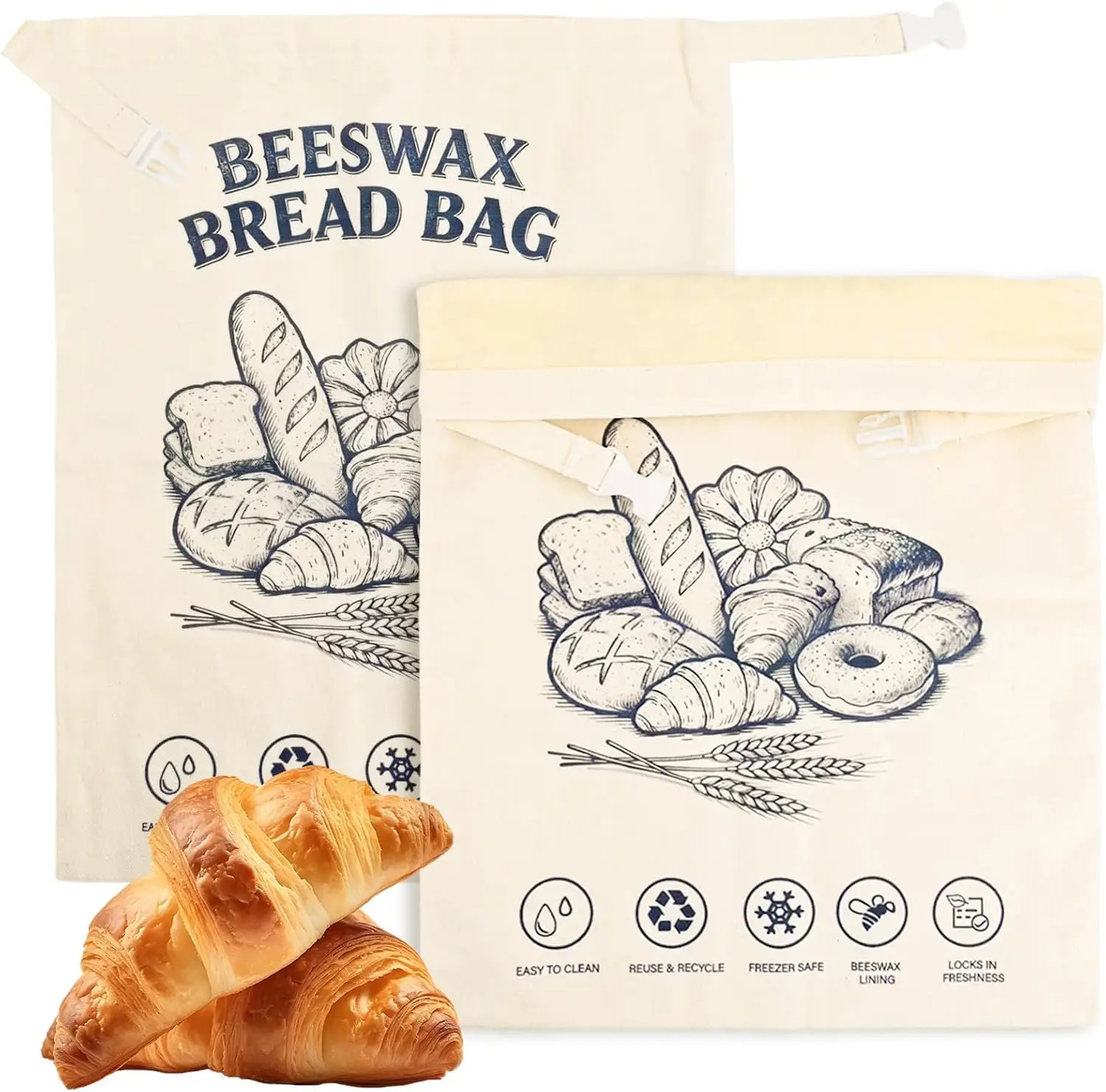

2 Pack Reusable Beeswax Bread Bags for Sourdough Homemade Bread, Large 17x13 Inch Linen Bread Storage Bags, Freezer Safe Food
