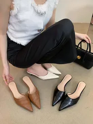 Pointed Toe Women Slides Slippers 2024 New Arrivals Fashion Dress Shoes Thin Mid Heels Brown White Black Shallow Slip On Pumps