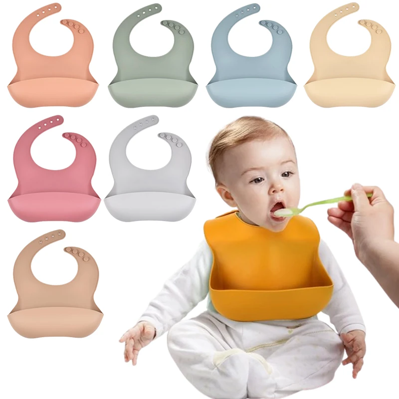 Babero de silicona para bebé, impermeable, suave, Color sólido, 4 velocidades, ajustable, almuerzo para recién nacido, alimentación, Saliva, bolsillo, accesorios para comer