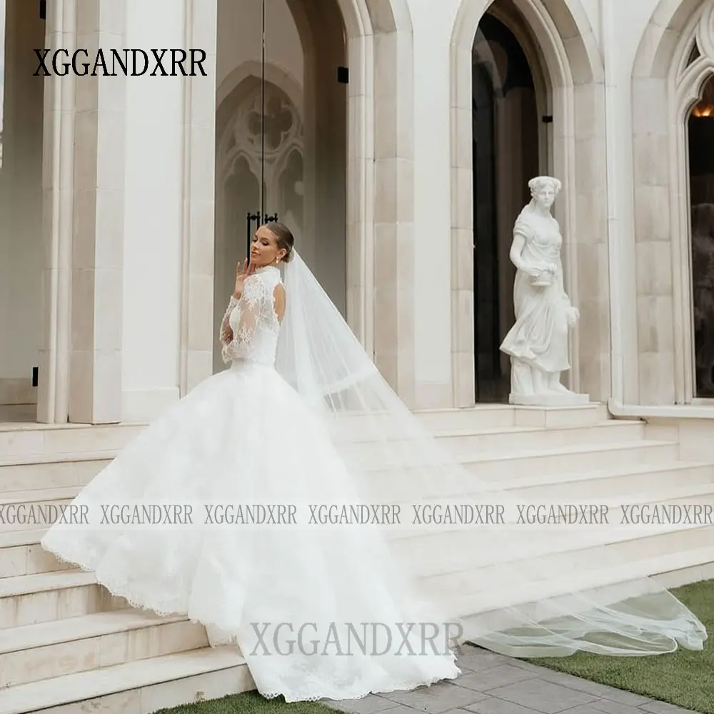 XGGandXRR Abito da sposa elegante in pizzo con collo alto personalizzato Abito da sposa a maniche lunghe per donna Abito da sposa a trapezio lungo fino al pavimento
