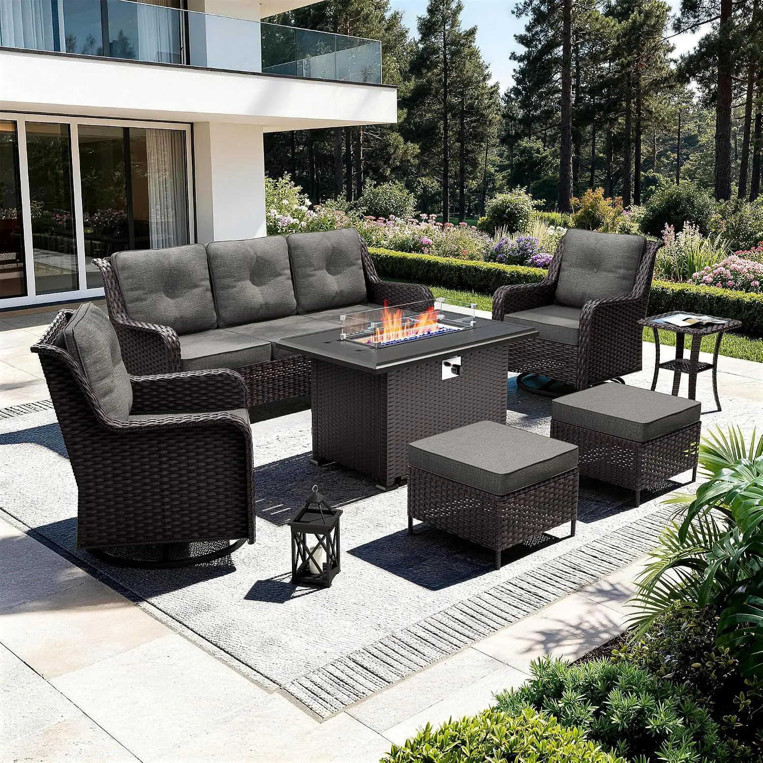 Outdoor Furniture With Fire Pit Table - 7 Parçalı Veranda Mobilya Seti, Dış