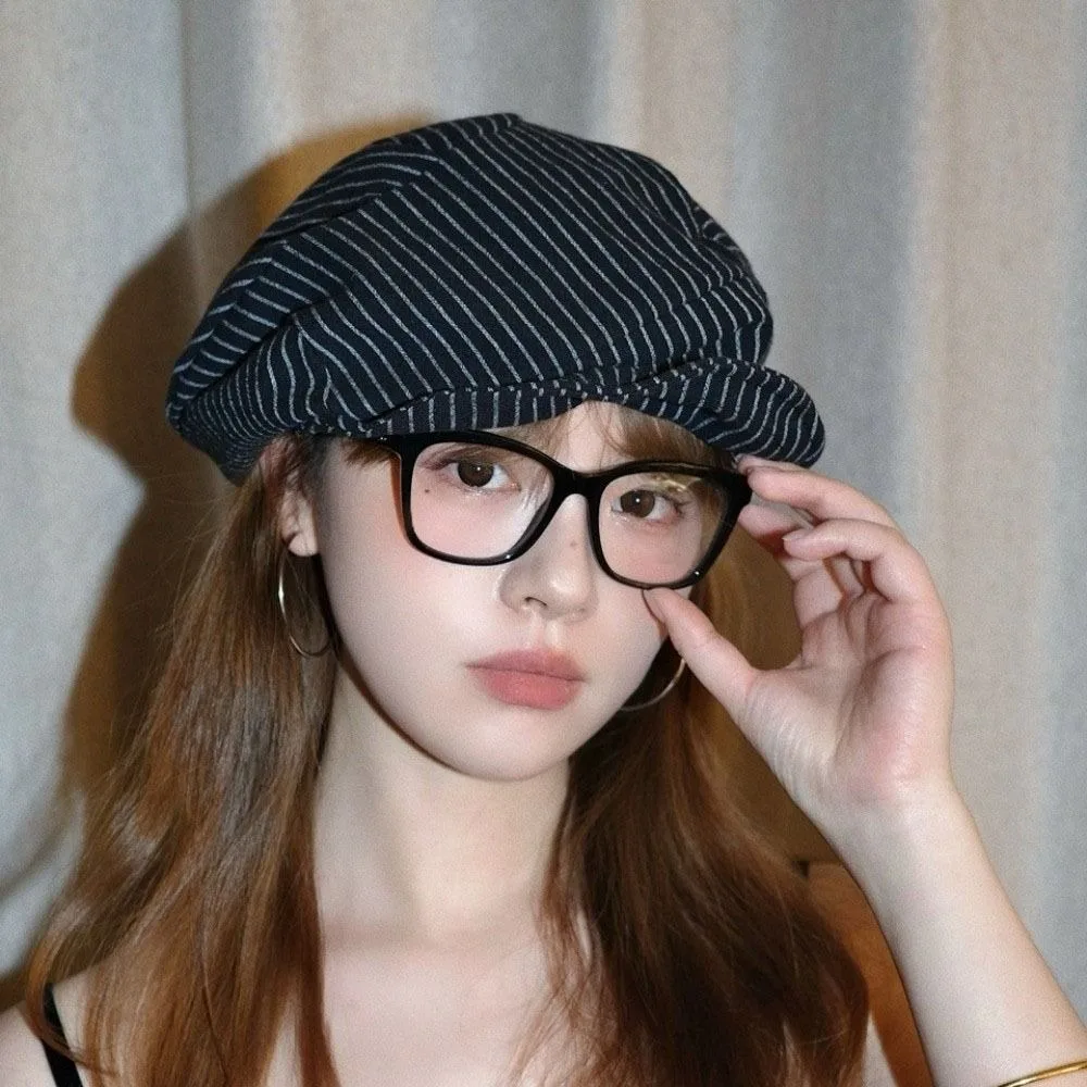 New Cotton and Linen Striped Berets Thin Japanese Octagonal Hat British Cap Y2k Painter Caps Daily