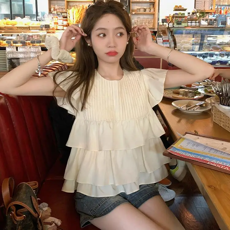 

Женская летняя блузка Princ Sle Puffy Sve из хлопка с кружевом, с оборками по низу, круглым вырезом, свободного кроя, в стиле «кукла», молодежная, милая