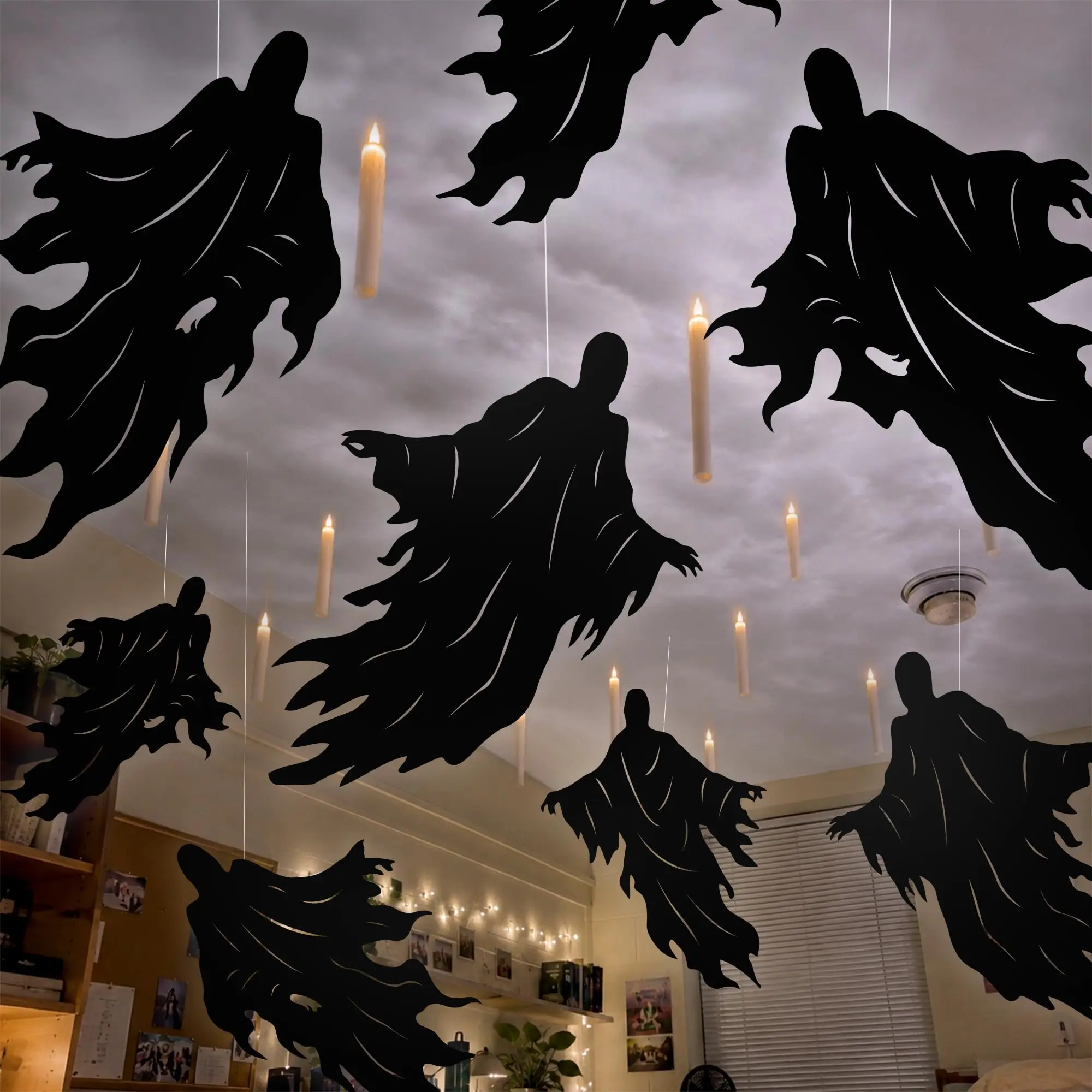 Halloween Schwarze Schwebende Geister-Papieraufkleber Hängende Silhouetten-Deko Gruselige Decken- und Fensterdekoration für Spukhaus-Party – Detail 1