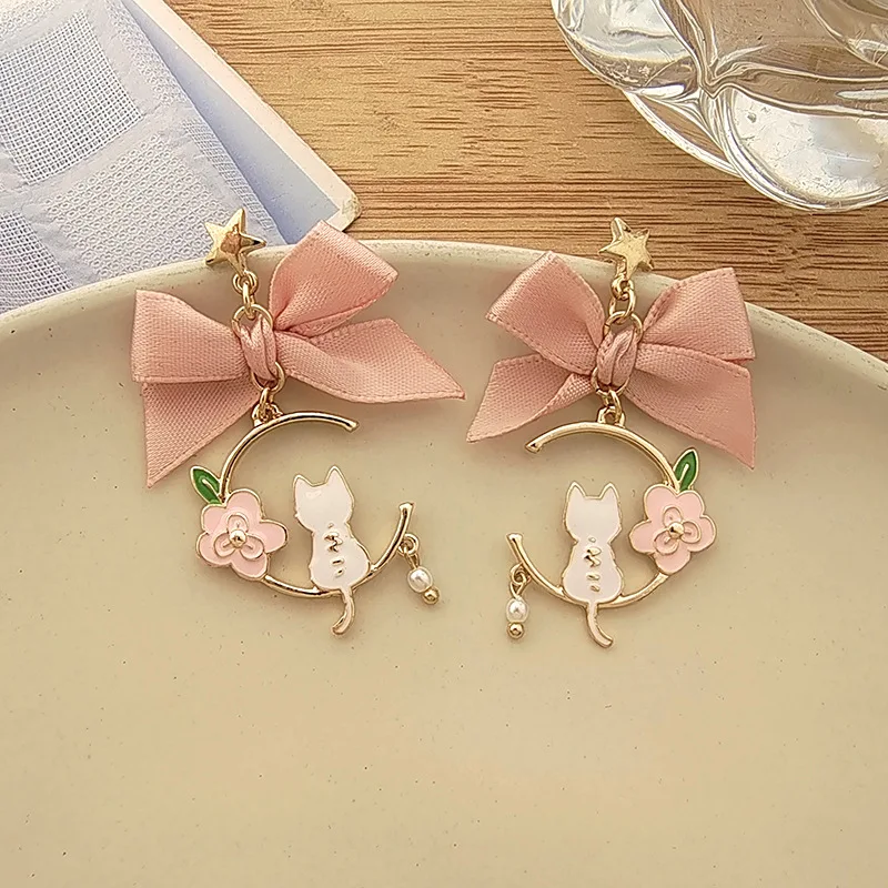 Korean Fashion Bow Cute Animal Kitten Dangle Earrings for Women Sweet Flower Rabbit Asymmetric Tassel Earrings Party Jewelry