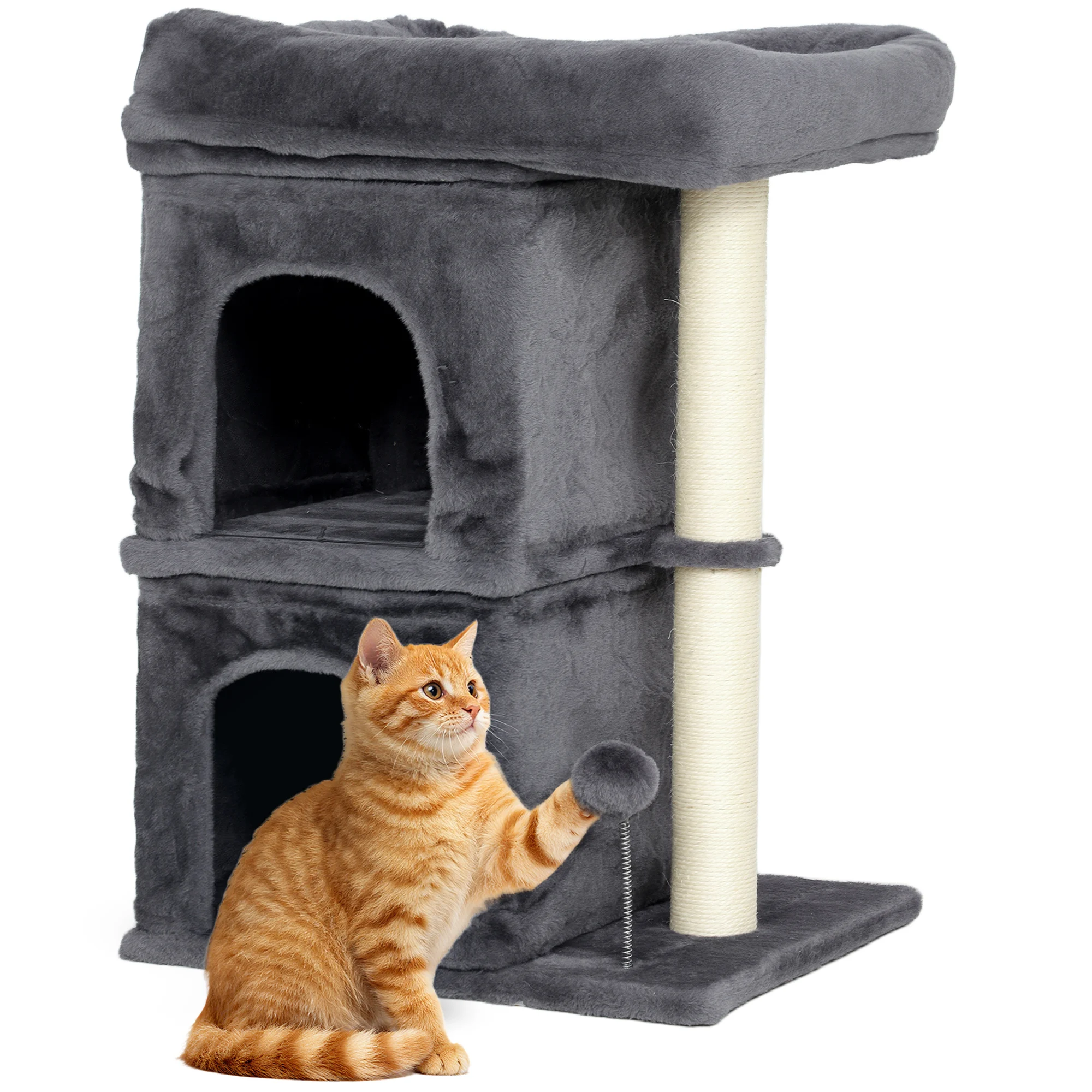 PawHut Árbol Rascador para Gatos, Árbol para Gatos 66 cm, Torre Escalador con Cama, 2 Cuevas, Poste de Sisal, Bola para Jugar, Gris Oscuro