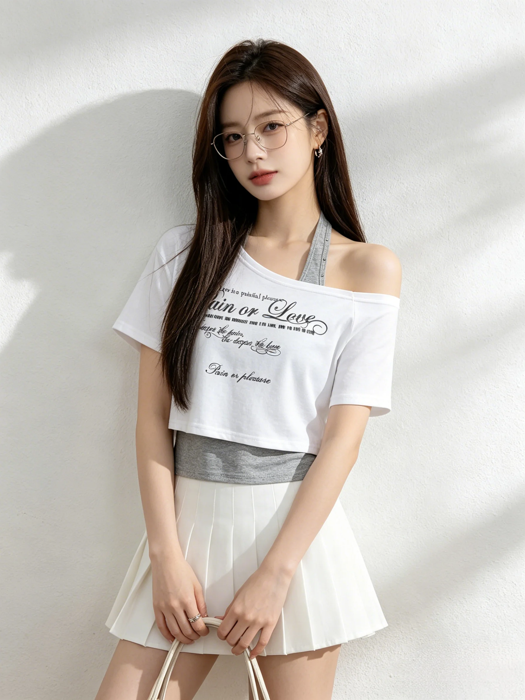 

Summer Casual Style Korean Simple Letter Print Two-Piece Set Women's Short Sleeve T-Shirt Slimming Neck Hanging Inner Wear El...