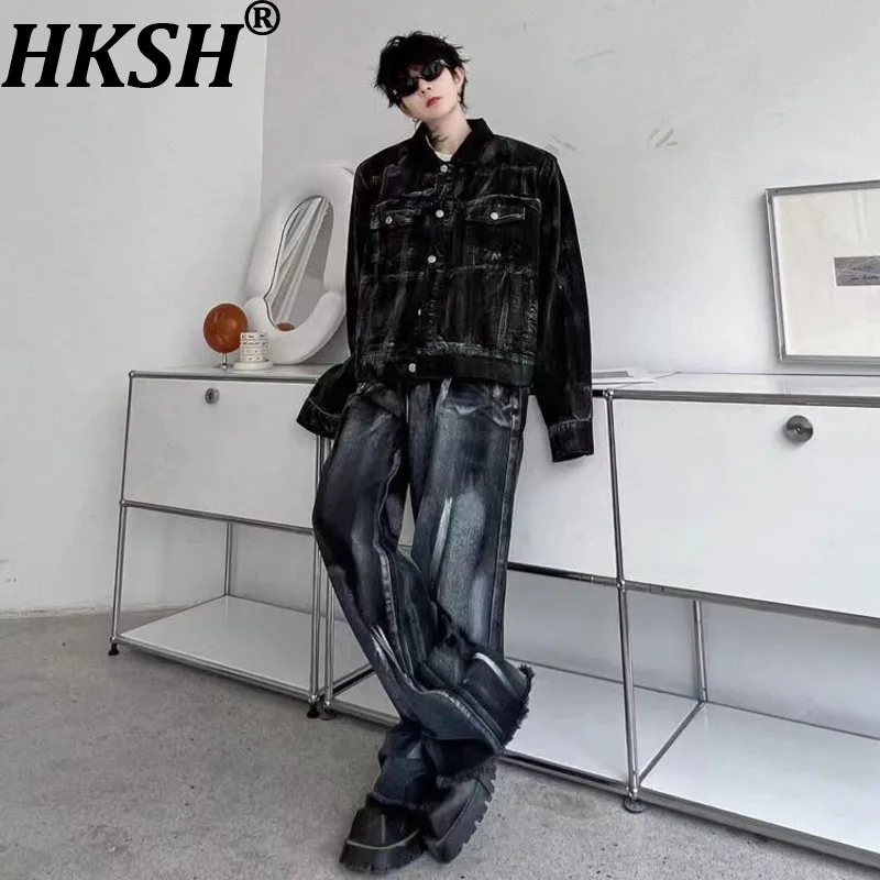 

HKSH осенняя новая мужская уникальная высококачественная стираная джинсовая куртка в стиле панк с разбрызгами чернил, стильная брендовая куртка, джинсовые брюки, крутой комплект из двух предметов HK15329