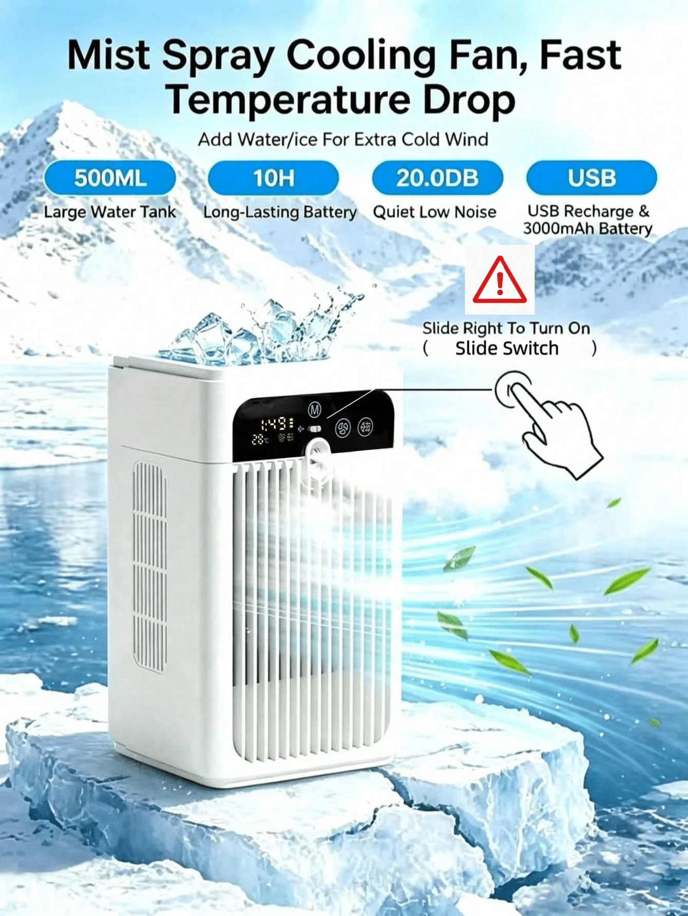 1 Mini Portable Cooling Air Conditioner Fan, 3000Mah Battery + 500ml Water Tank + 30Db Low Noise + Real-Time Temperature Display + 2-Speed Wind Adjustment + 2-Speed Spray Adjustment, Cooling and Humidifying Fan and Portable Fan, Usb-Type C Charging, Suitable for Bedrooms, Rooms, Offices, Outdoor Camping, Holiday Travel, Etc., a Summer Essential, Holiday Essential, Holiday Gift