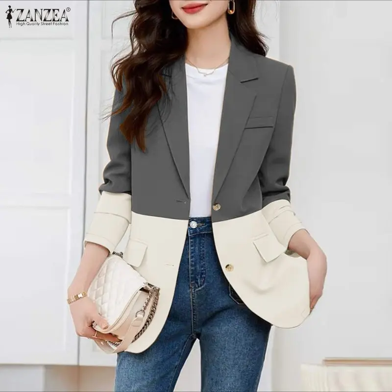 

Элегантный легкий блейзер ZANZEA с контрастными цветами, женский пиджак с вырезом в форме буквы V, длинными рукавами и пуговицами, весенне-осенние пальто для женщин, 3XL