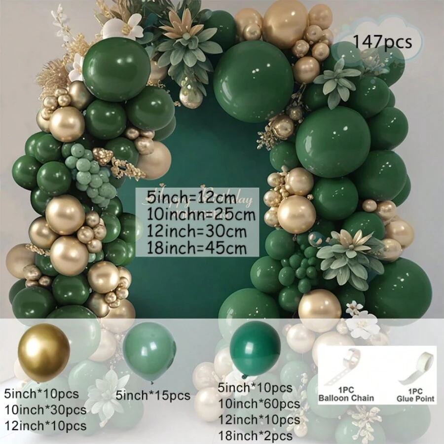 147Pcs Dark Green and Gold Balloons Arch Garland Kit Metallic Mate Balloon for Birthday Wedding Party Decorations