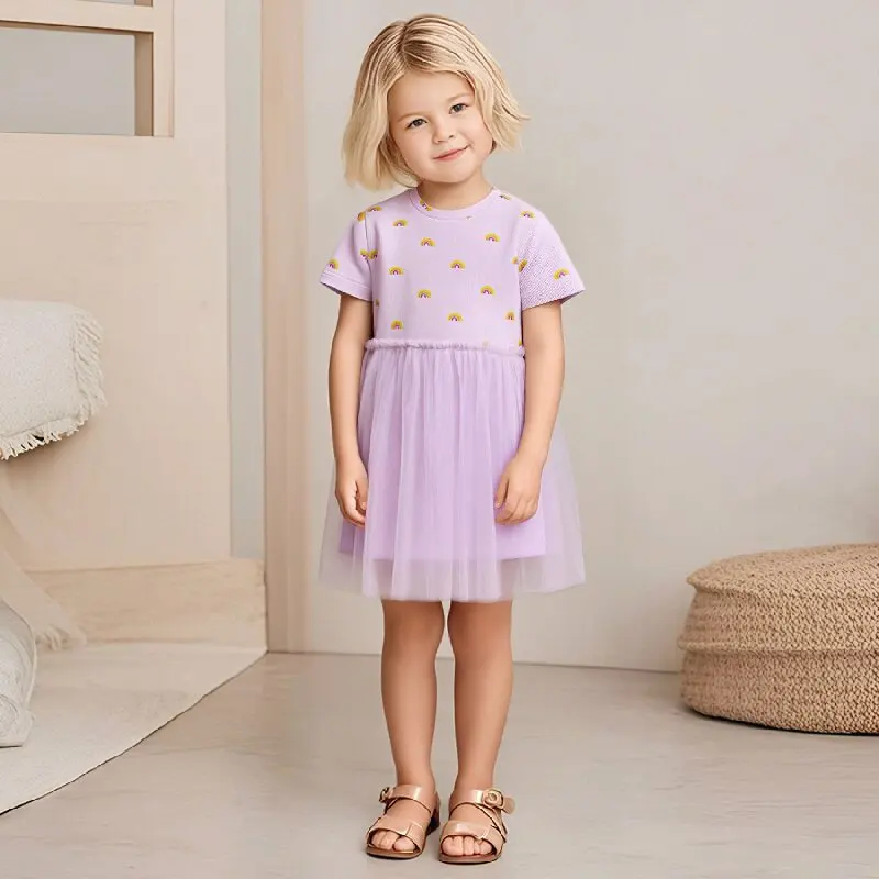 

Little maven 2026 Festive Dress for Girl Cartoon Rainbow Princess Dress Summer Kids Clothes Print Mesh Baby Girls Party Dresses