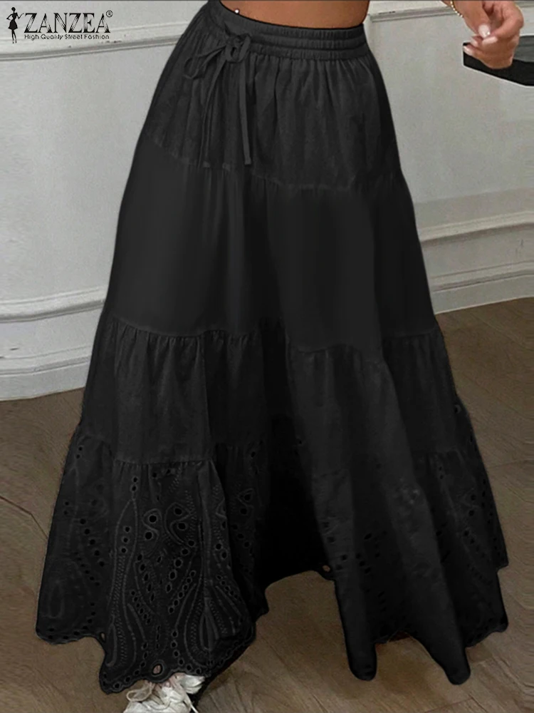 

ZANZEA 2025 женские кружевные юбки, модные однотонные длинные плавки, летние юбки на шнуровке до щиколотки с эластичной резинкой на талии, S-3XL