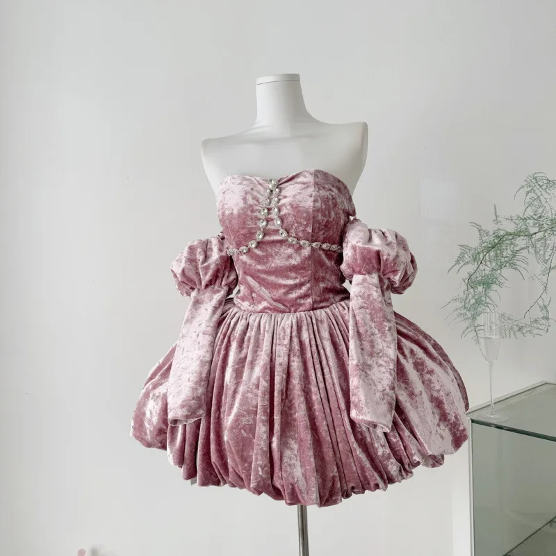 

Розовое бархатное платье с открытыми плечами для дня рождения, женское, с длинными рукавами-фонариками, завышенной талией, без бретелек, миди, во французском стиле