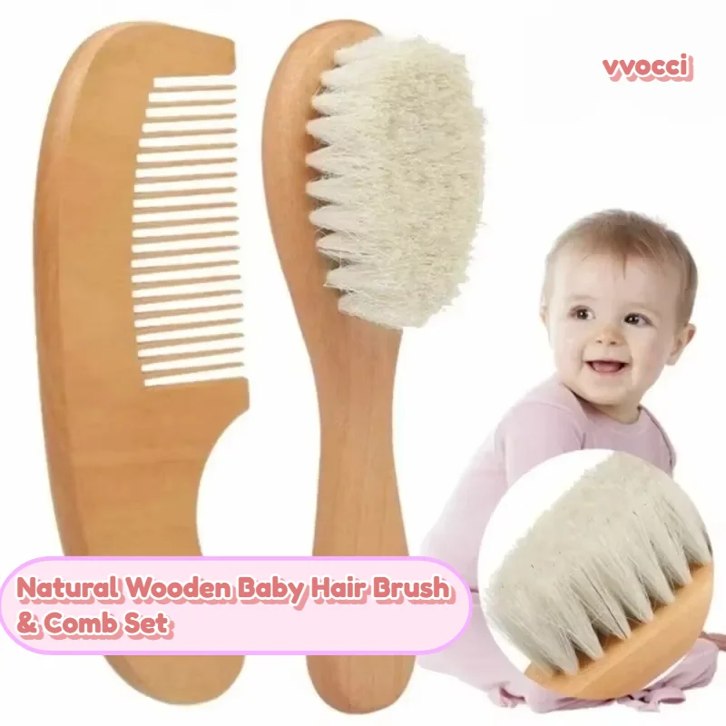 vvocci Natural Wooden Baby Hair Brush & Comb Set–Soft Newborn Head Massager, Portable Infant Grooming Tool for Bath & Daily Care