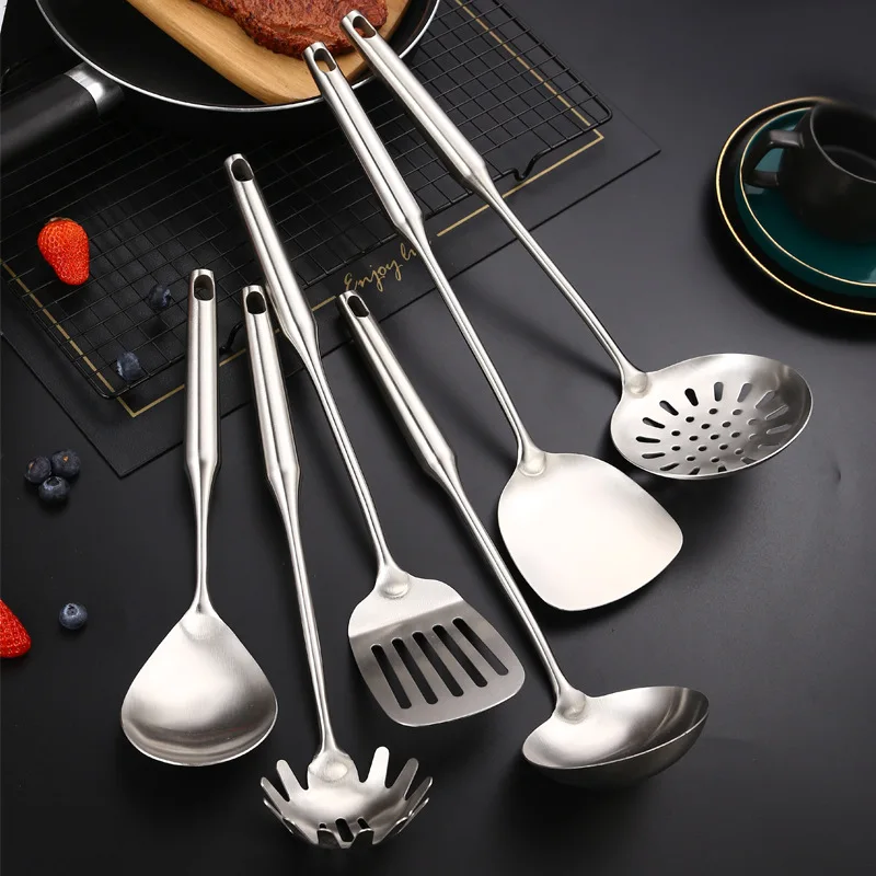 1Pc Silver Stainless Steel Kitchen Cooking Tools Frying Spatula Soup Spoon Hollow Handle High Temperature Resistance Kitchenware