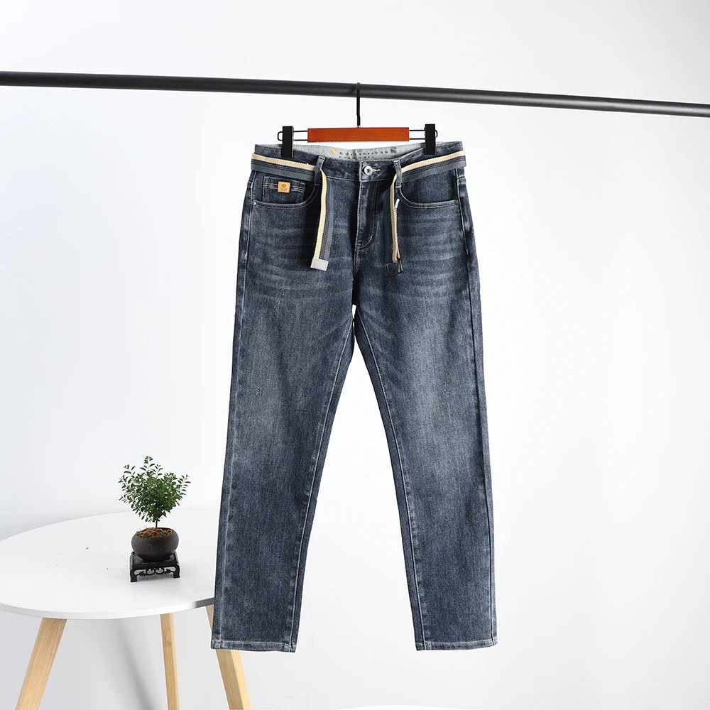 

High Street Style Men's Casual Jeans Belted Autumn Winter Elastic Waist Cotton Straight Leg Fashionable Urban Wear