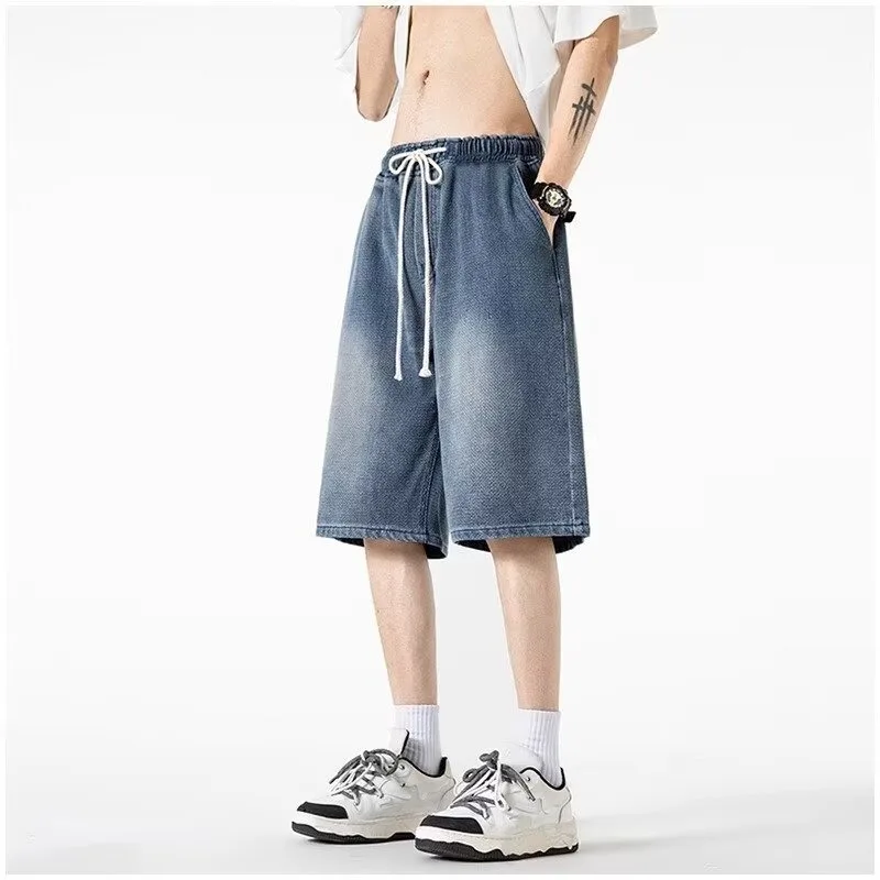 Shorts Men Denim Summer Wide Leg Trousers Casual Loose Vintage Washed Gradient Color Drawstring All-math Breathable Cozy Simple