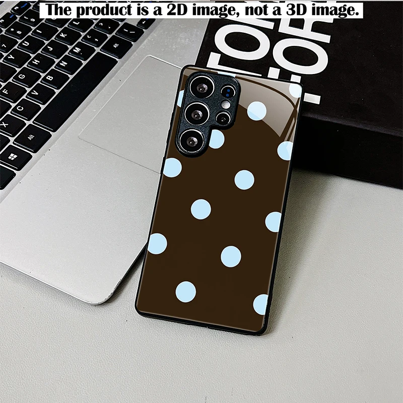 Dark Brown Light Blue Polka Dot Phone Case,2D Print Black Glass Cover For Samsung S & A Series,Shockproof Protective Shell
