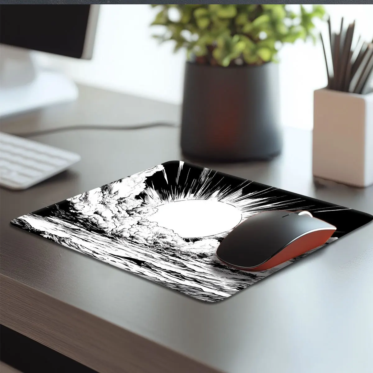 لوحة ماوس بتصميم موضوع الخيال العلمي باللونين الأبيض والأسود مع قاعدة مطاطية قابلة للغسل مناسبة لكل من العائلات والألعاب